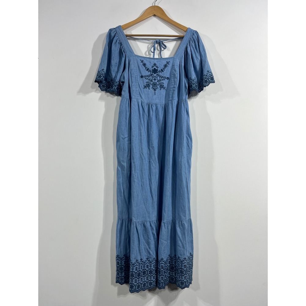Old Navy Western Boho Embroidered Chambray Midi Dress Medium Country Prairie 90s